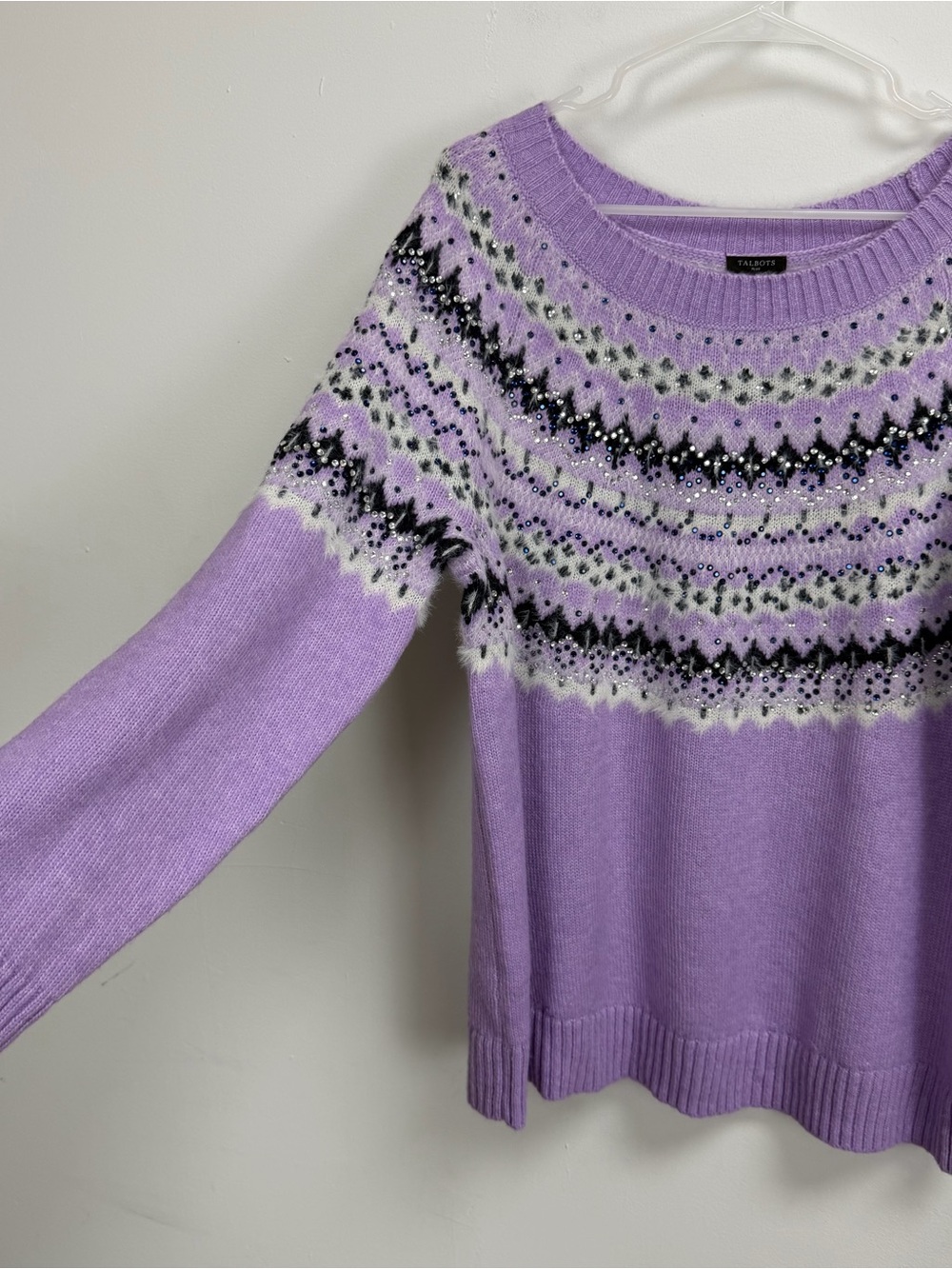 Talbots Sweater Womens 1X Purple Rhinestone Knit Wool Blend Fair Isle Crew NWOT - Picture 2 of 8